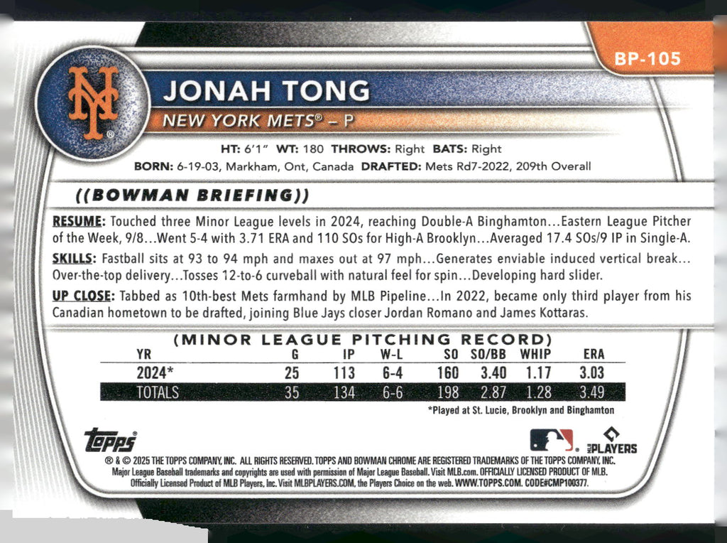 2025 Bowman #BP-105 Jonah Tong Prospects