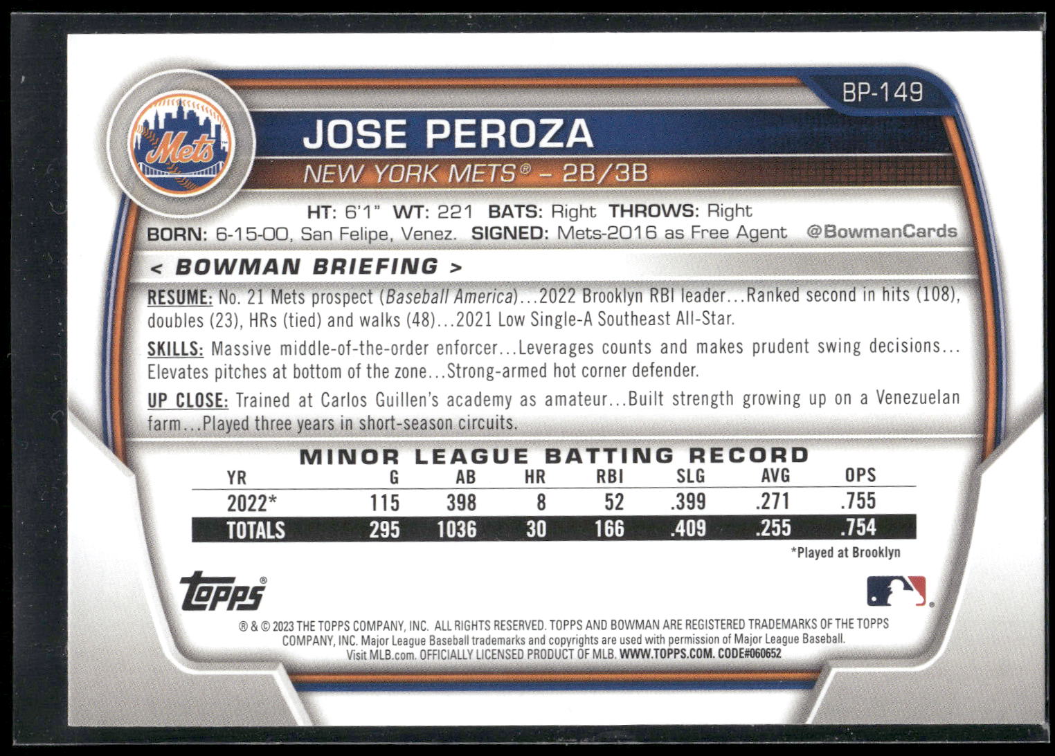 2023 Bowman #BP-149 Jose Peroza Prospects