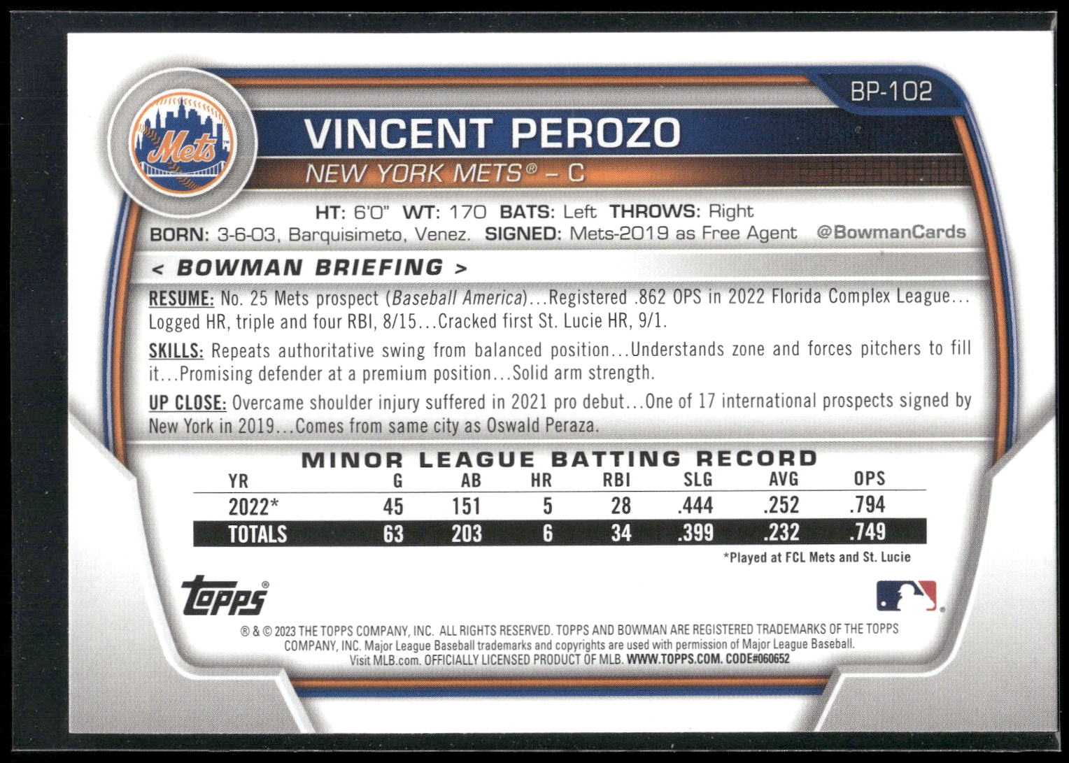 2023 Bowman #BP-102 Vincent Perozo Prospects