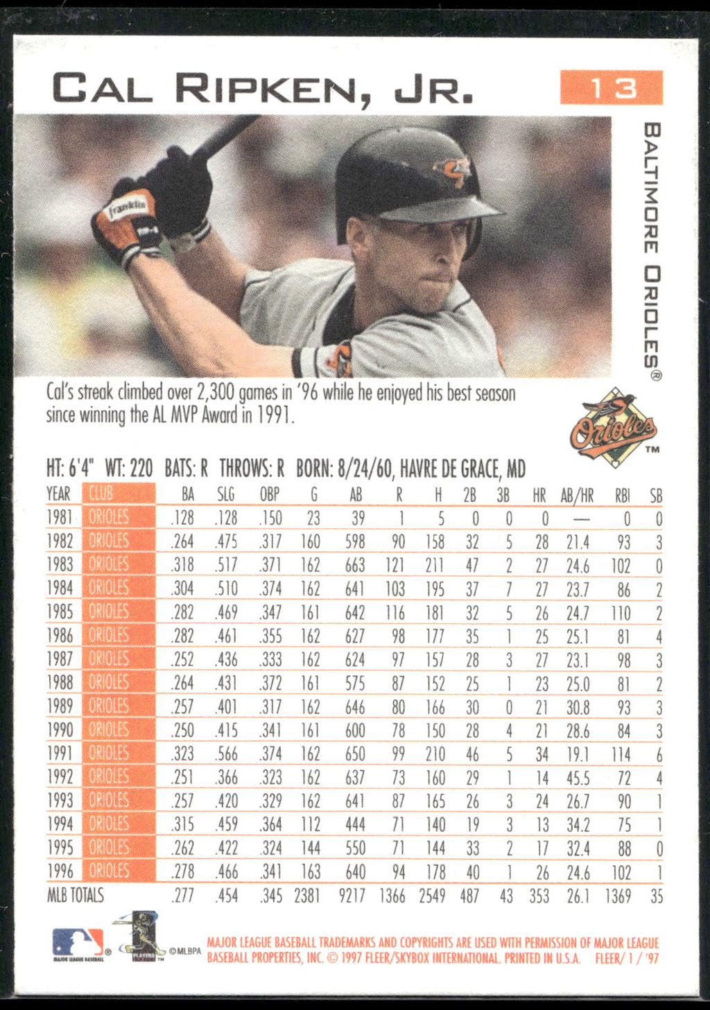 1997 Fleer #13 Cal Ripken, Jr.