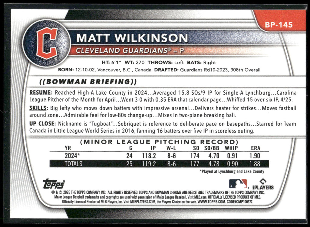 2025 Bowman #BP-145 Matt Wilkinson Prospects