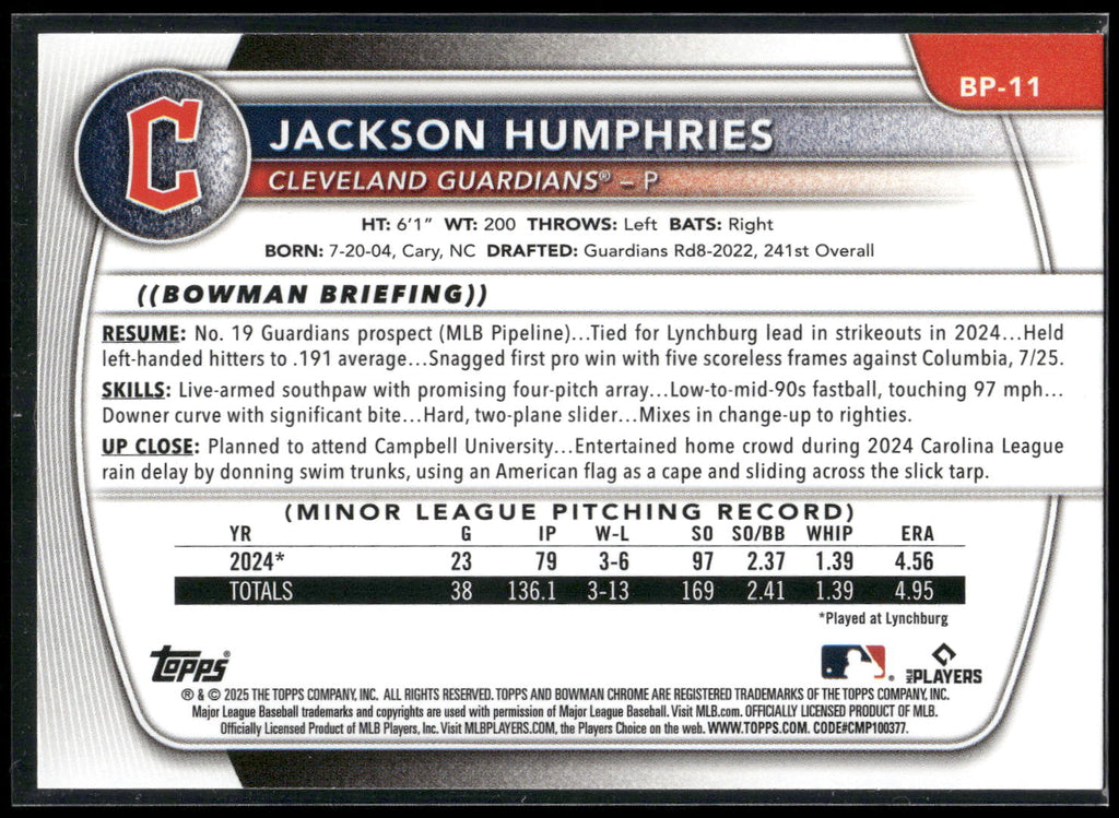 2025 Bowman #BP-11 Jackson Humphries Prospects