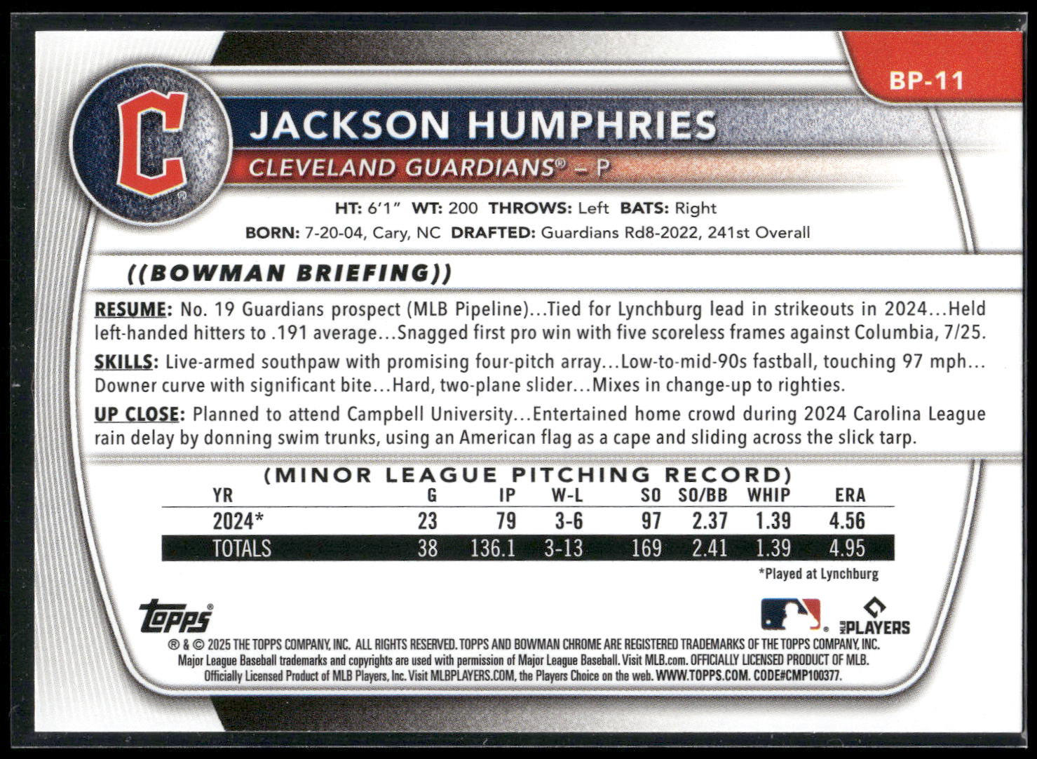 2025 Bowman #BP-11 Jackson Humphries Prospects