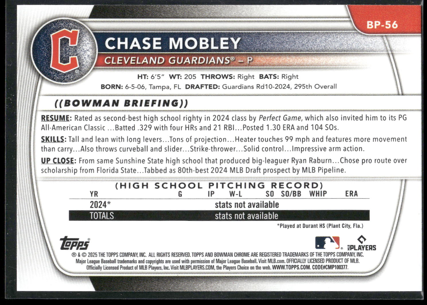 2025 Bowman #BP-56 Chase Mobley Prospects