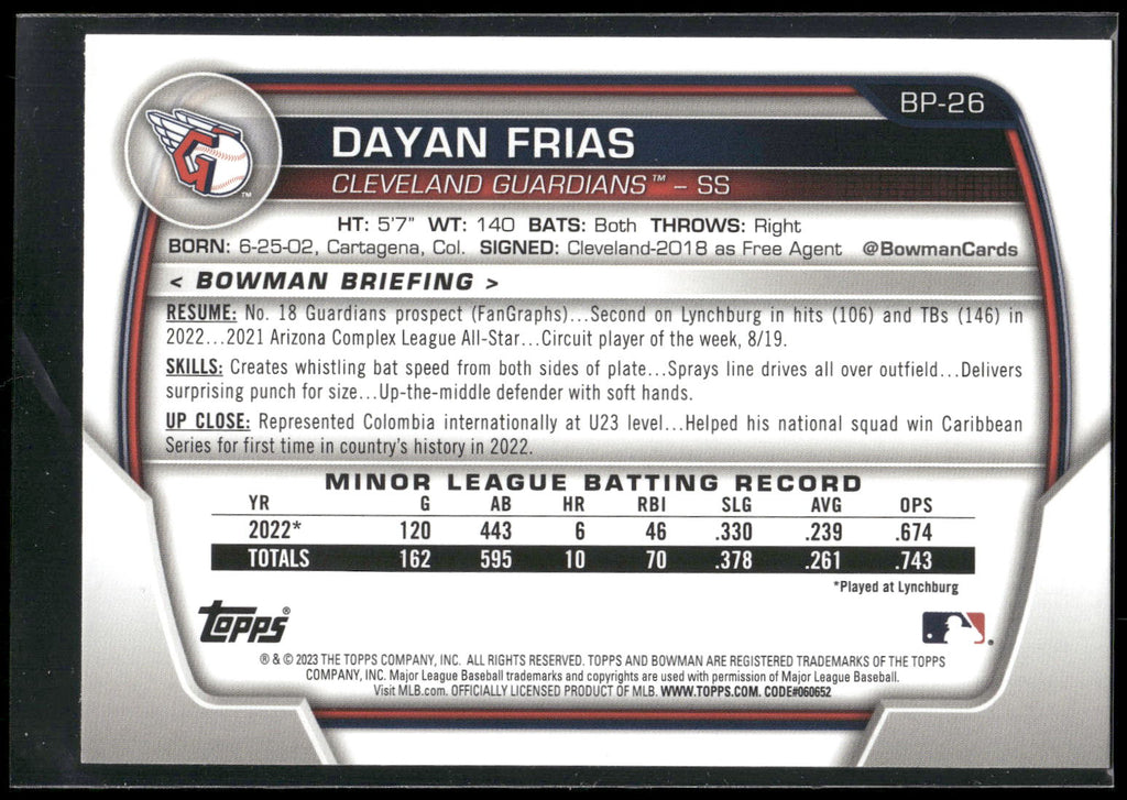2023 Bowman #BP-26 Dayan Frias Prospects