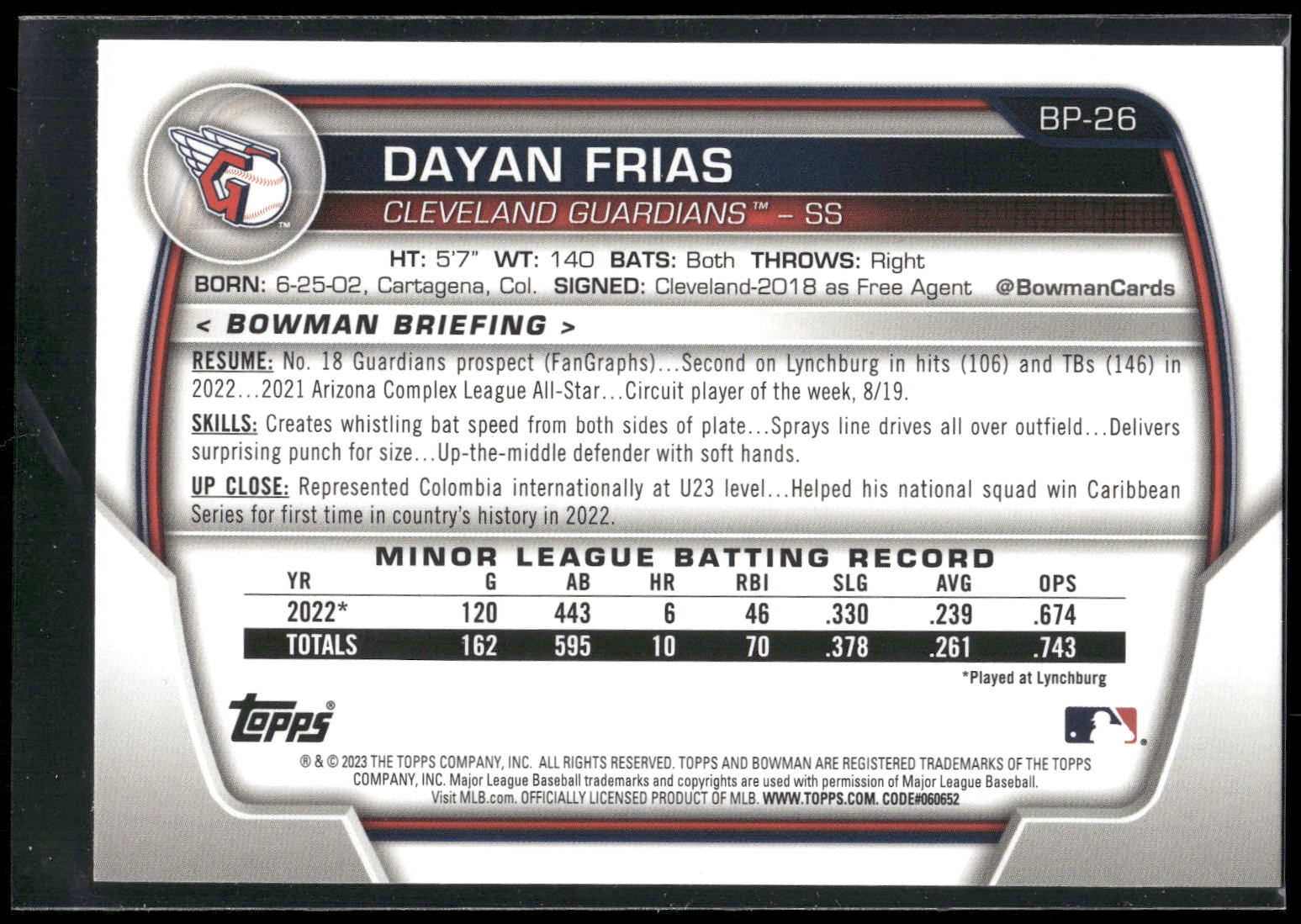 2023 Bowman #BP-26 Dayan Frias Prospects