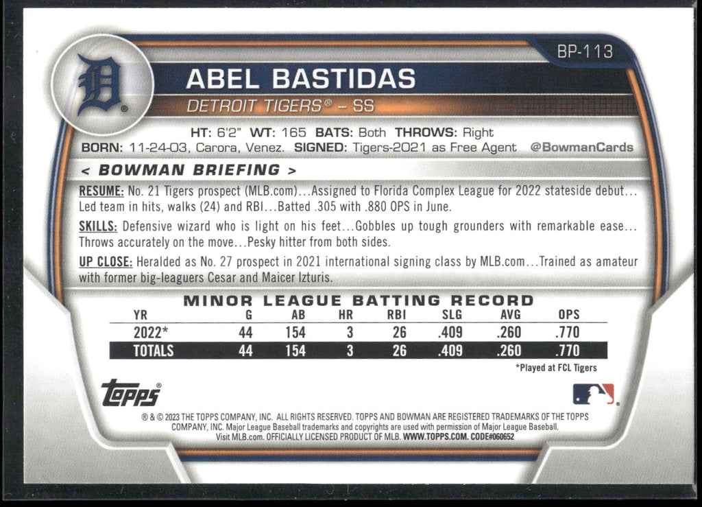 2023 Bowman #BP-113 Abel Bastidas Prospects