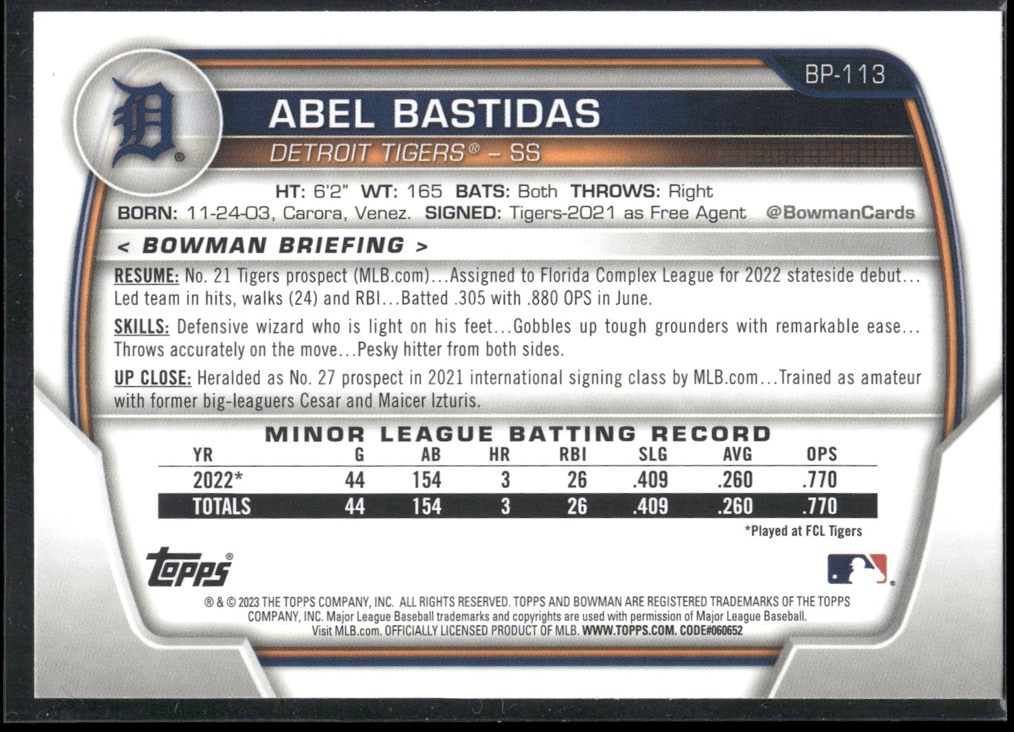 2023 Bowman #BP-113 Abel Bastidas Prospects