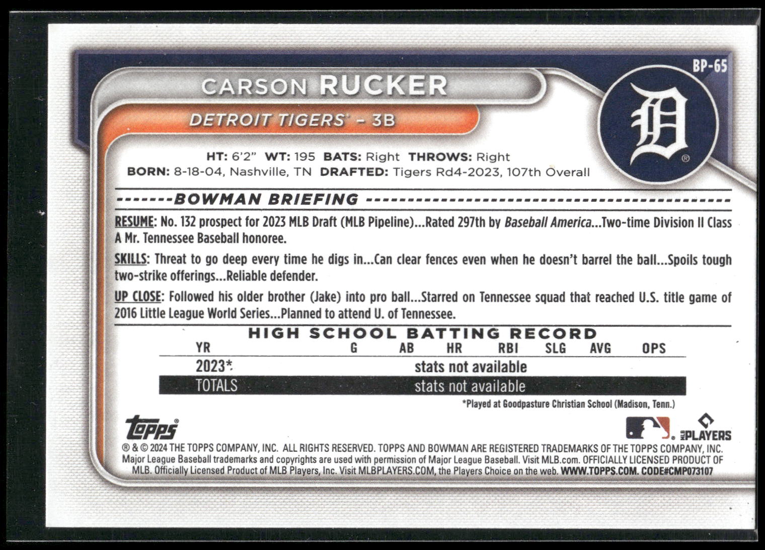 2024 Bowman #BP-65 Carson Rucker Prospects
