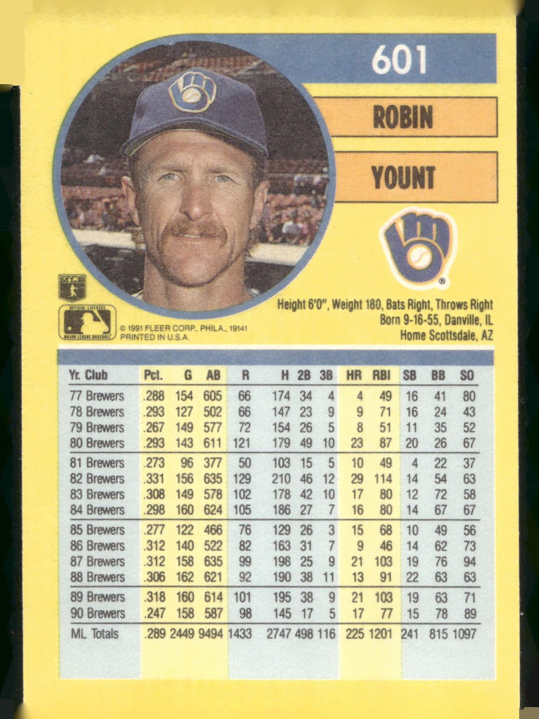 1991 Fleer #601 Robin Yount : Wax/Cello Pack version: Entire bat visible