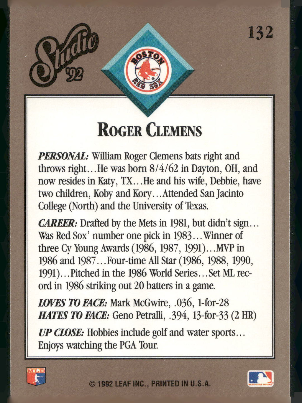 1992 Studio #132 Roger Clemens