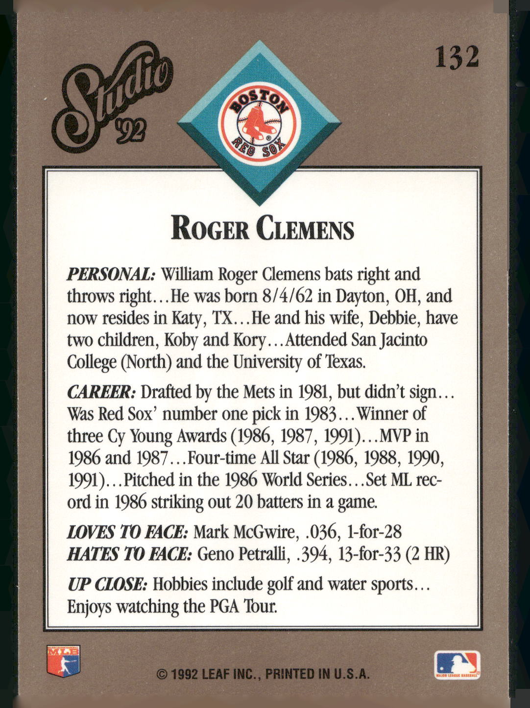 1992 Studio #132 Roger Clemens
