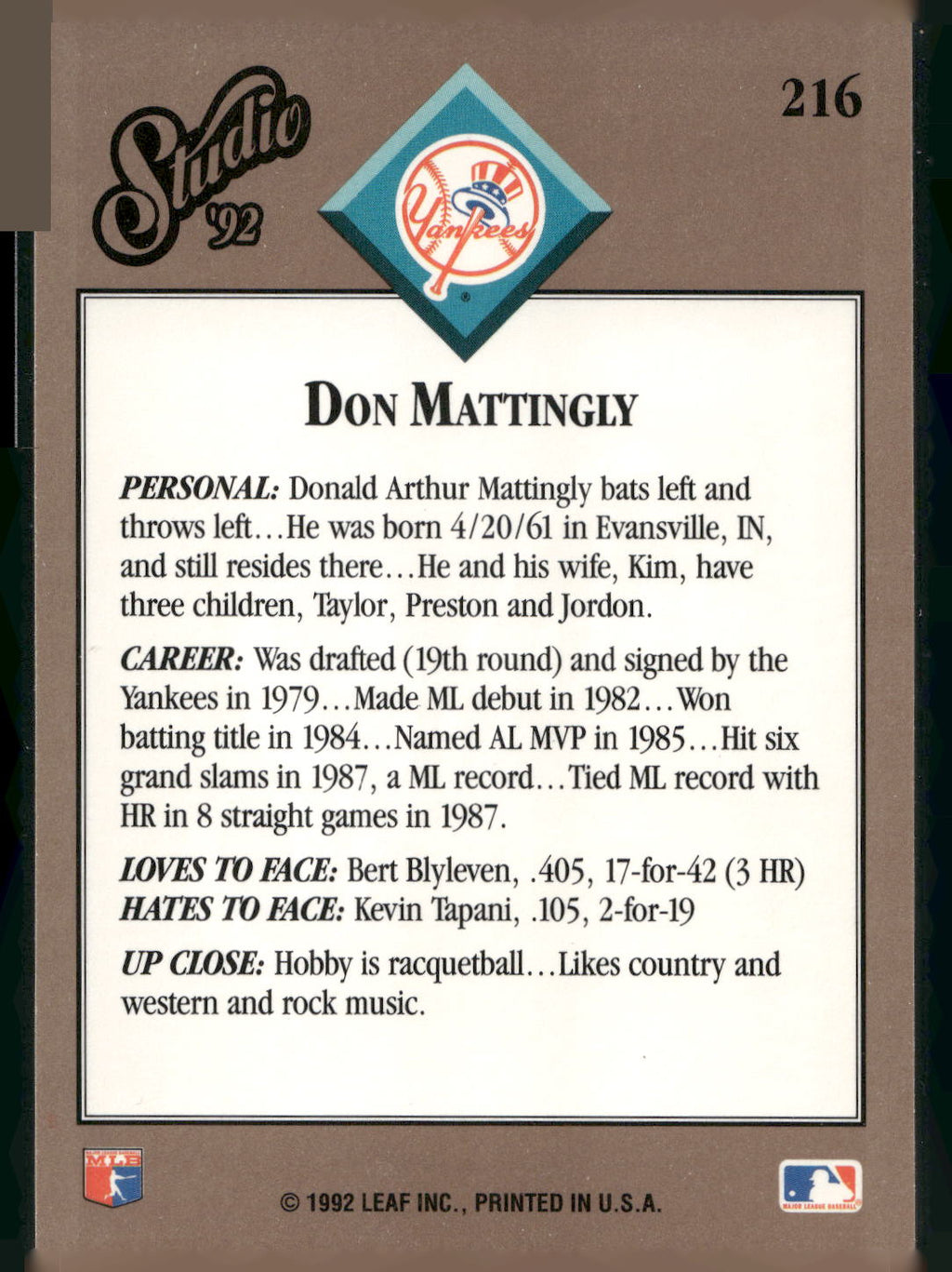 1992 Studio #216 Don Mattingly