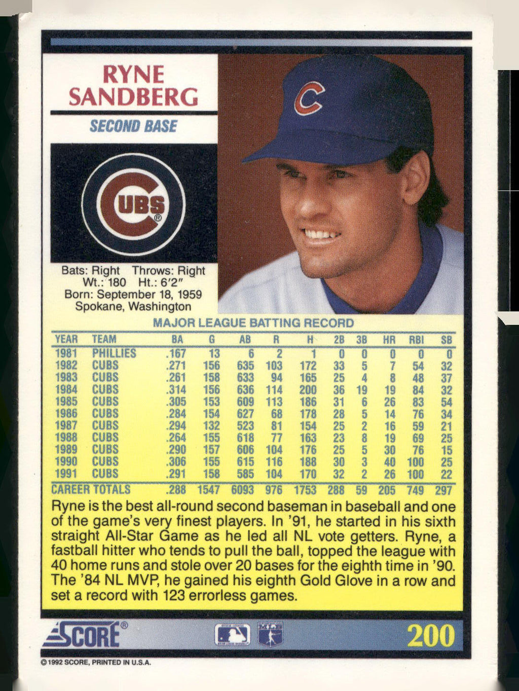 1992 Score #200 Ryne Sandberg