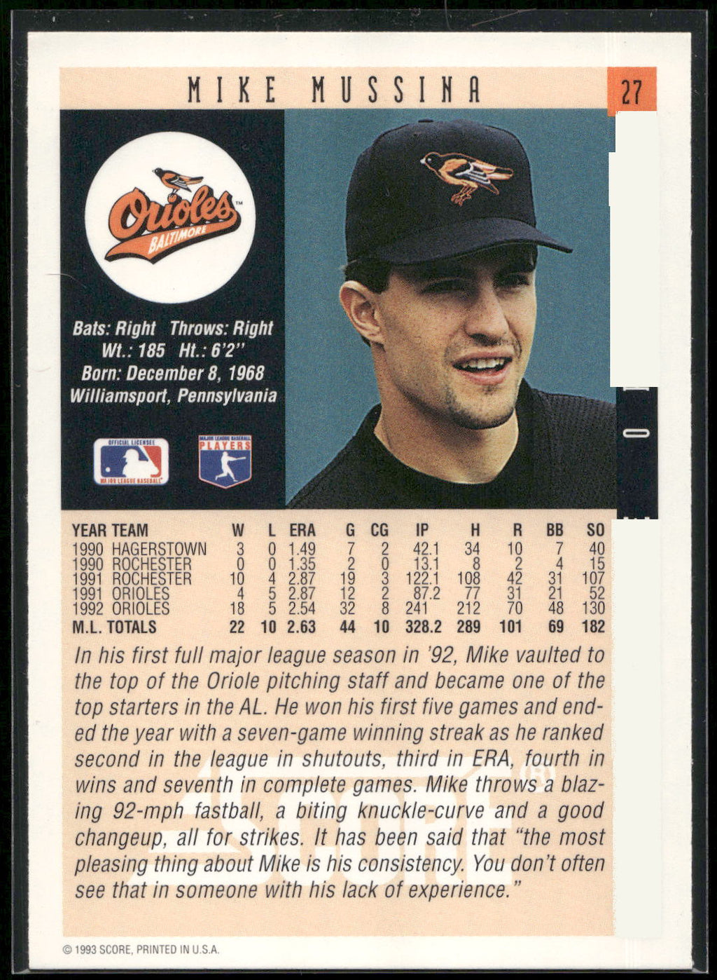 1993 Score #27 Mike Mussina