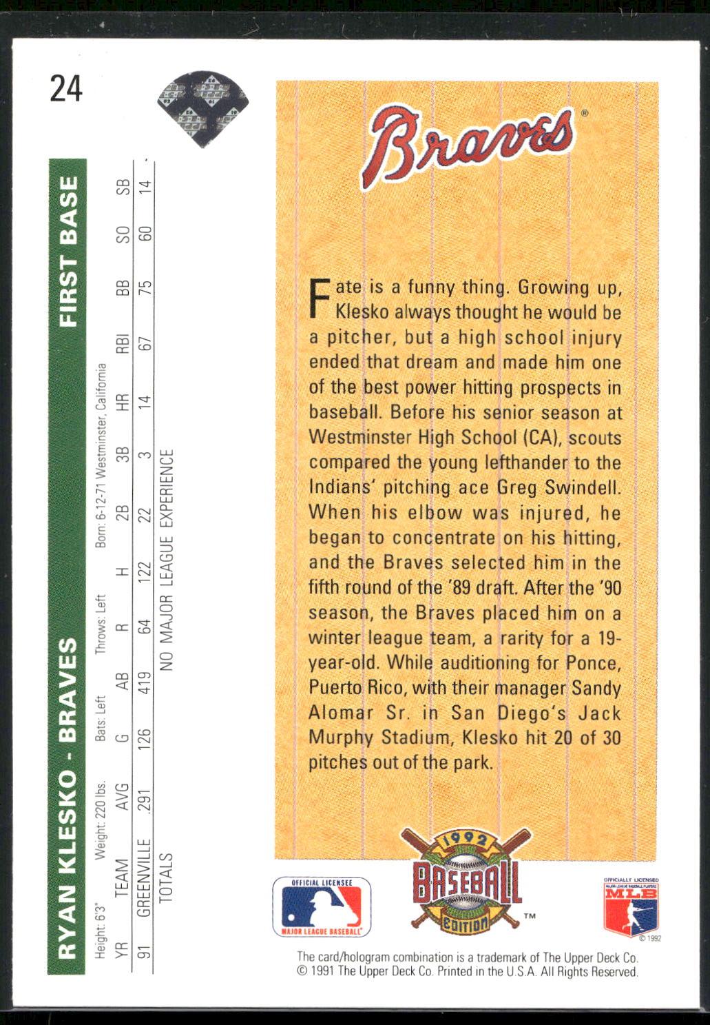 1992 Upper Deck #24 Ryan Klesko