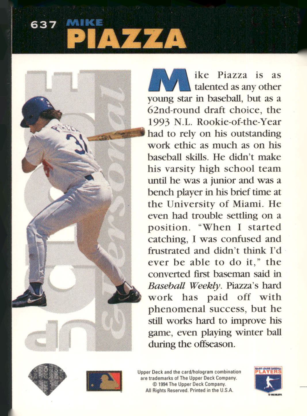 1994 Collector's Choice #637 Mike Piazza : White stripe at bottom of card