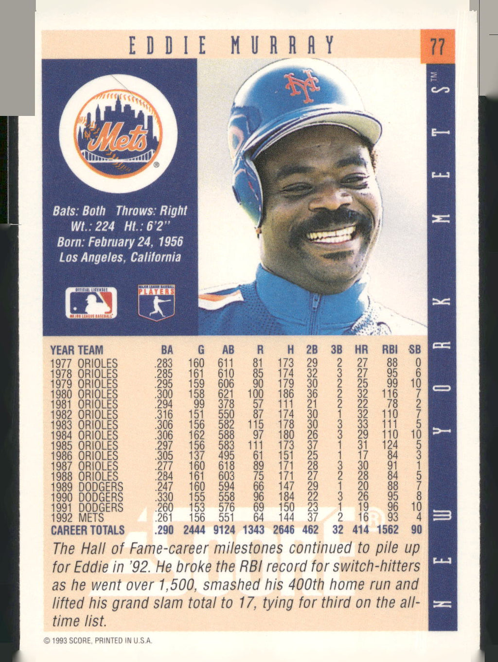 1993 Score #77 Eddie Murray