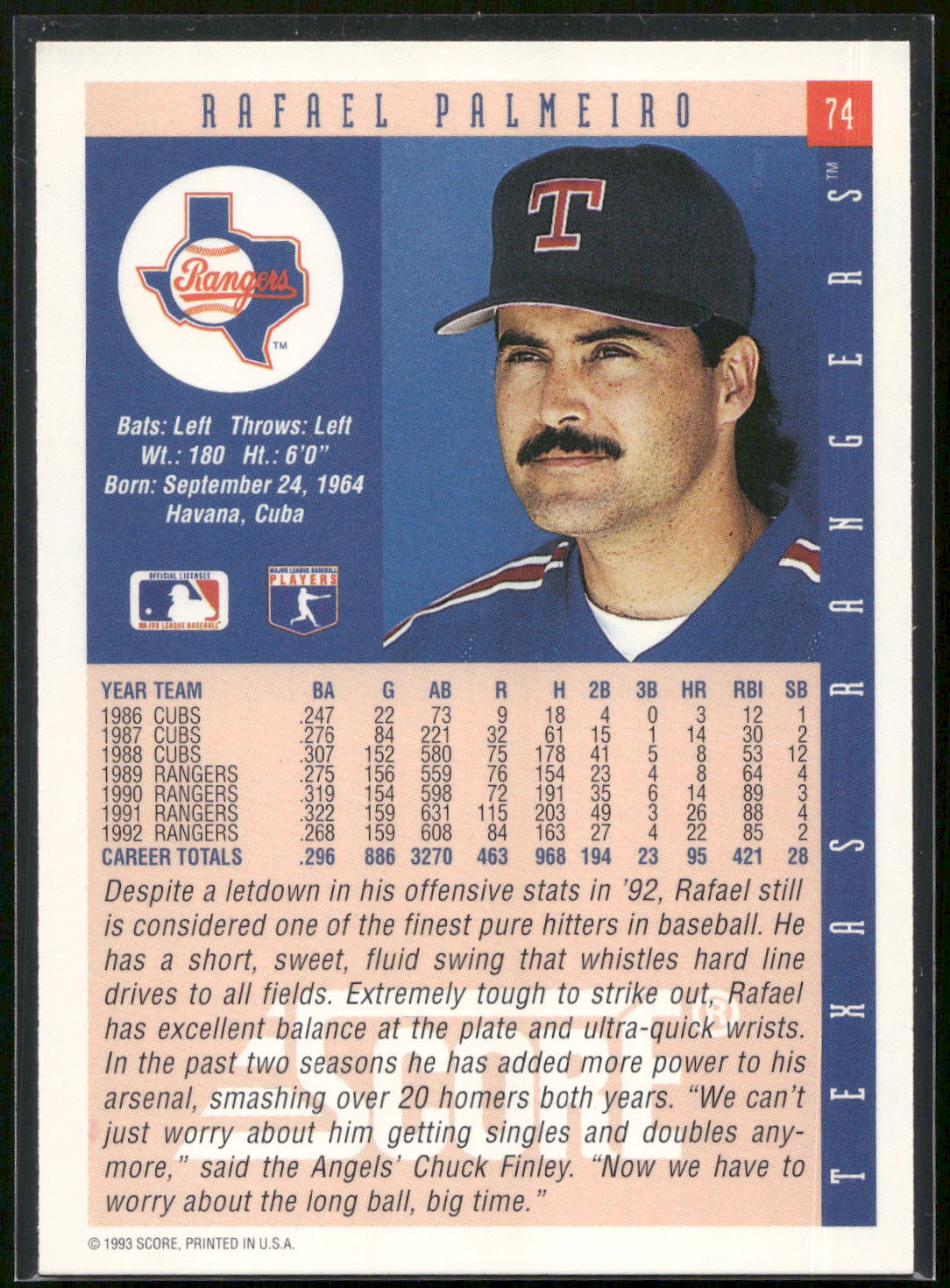 1993 Score #74 Rafael Palmeiro
