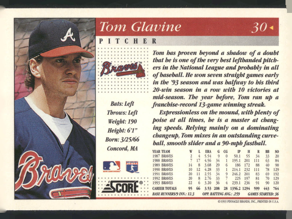 1994 Score #30 Tom Glavine