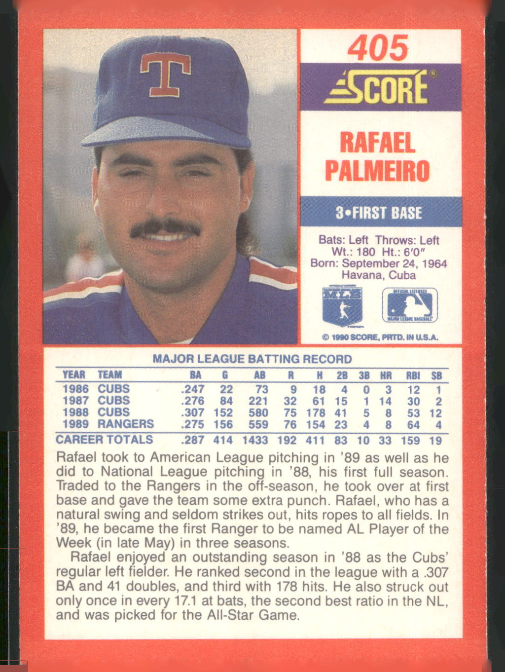 1990 Score #405 Rafael Palmeiro