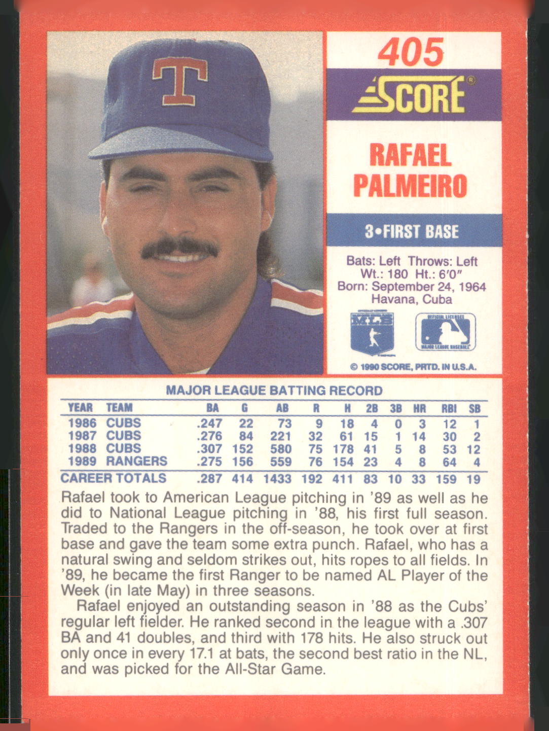 1990 Score #405 Rafael Palmeiro