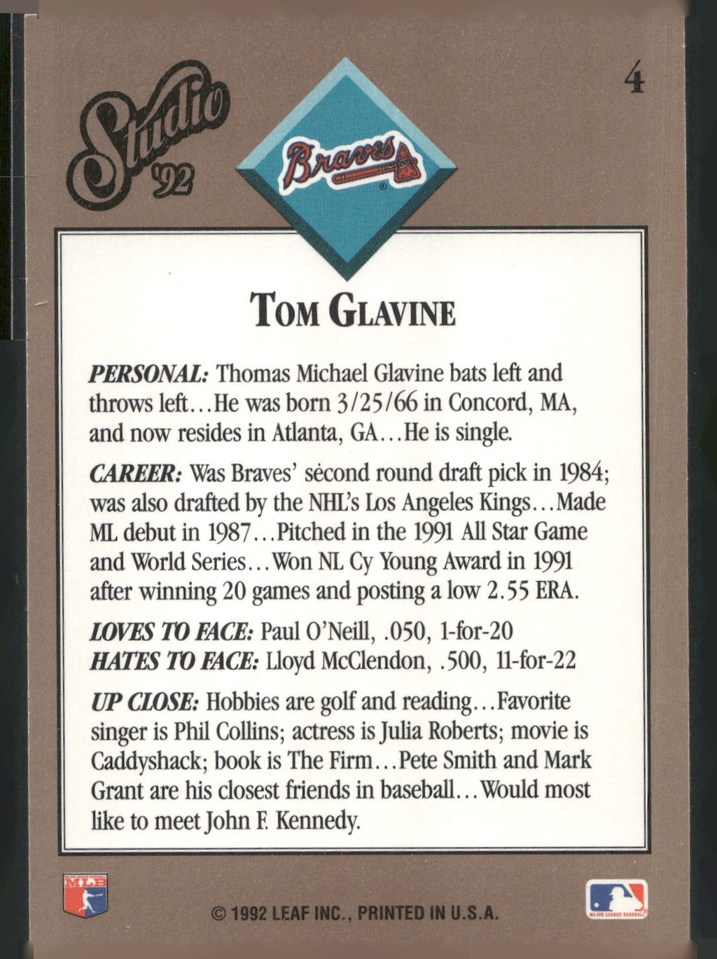 1992 Studio #4 Tom Glavine
