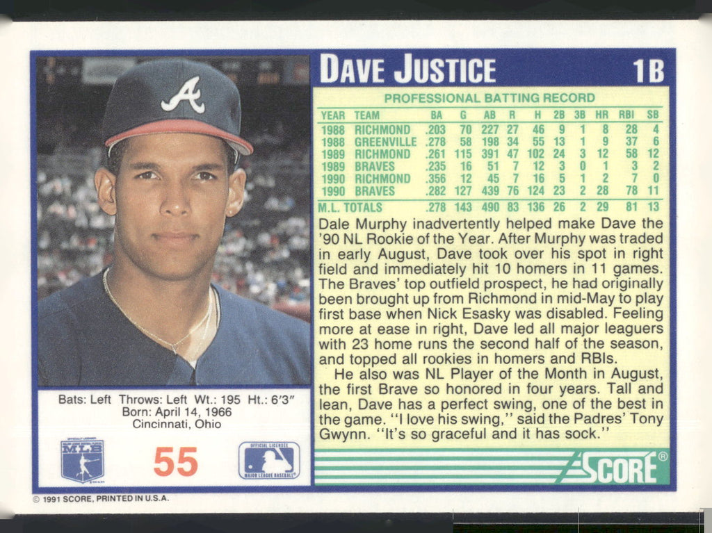 1991 Score #55 Dave Justice