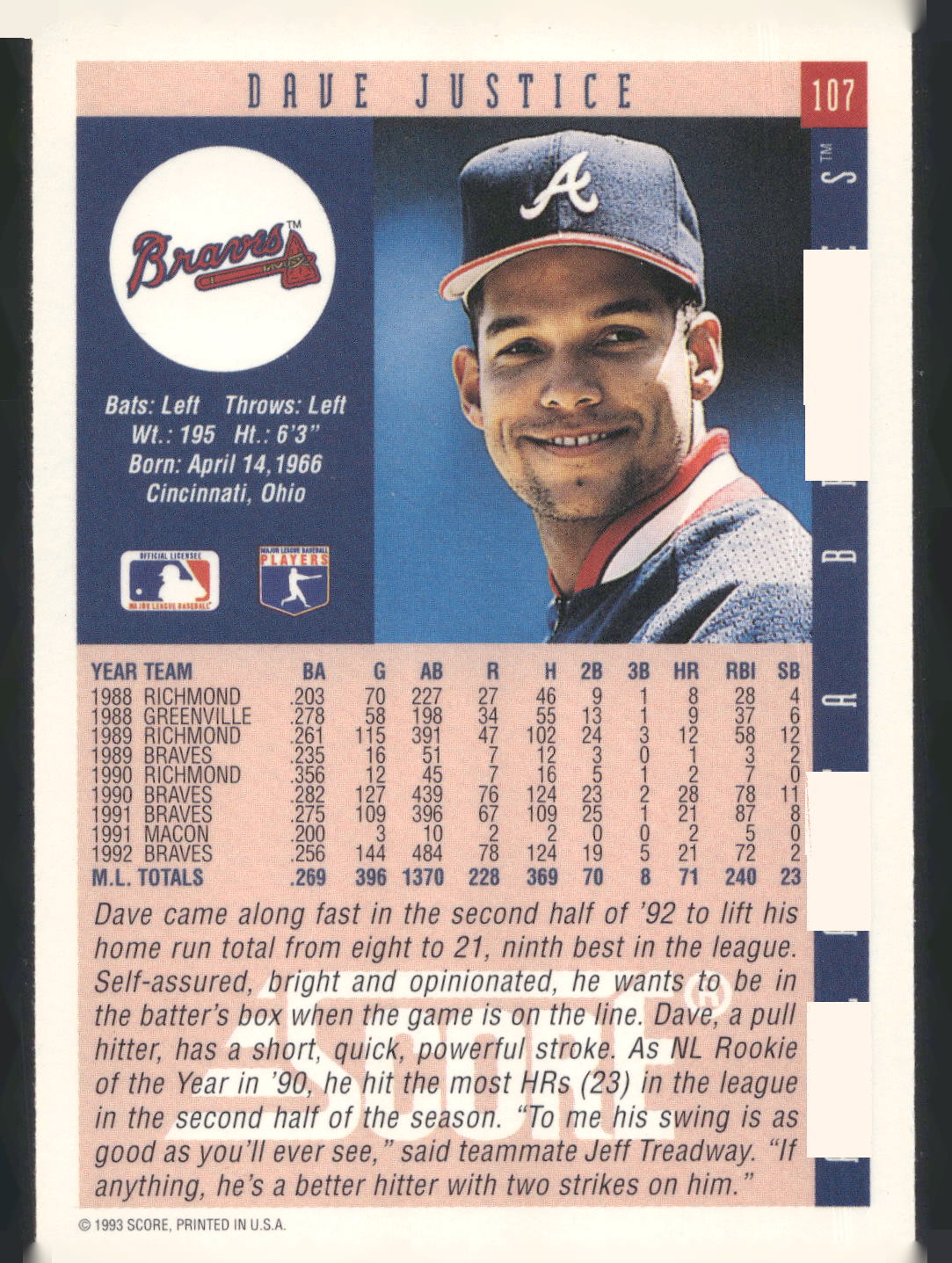 1993 Score #107 Dave Justice