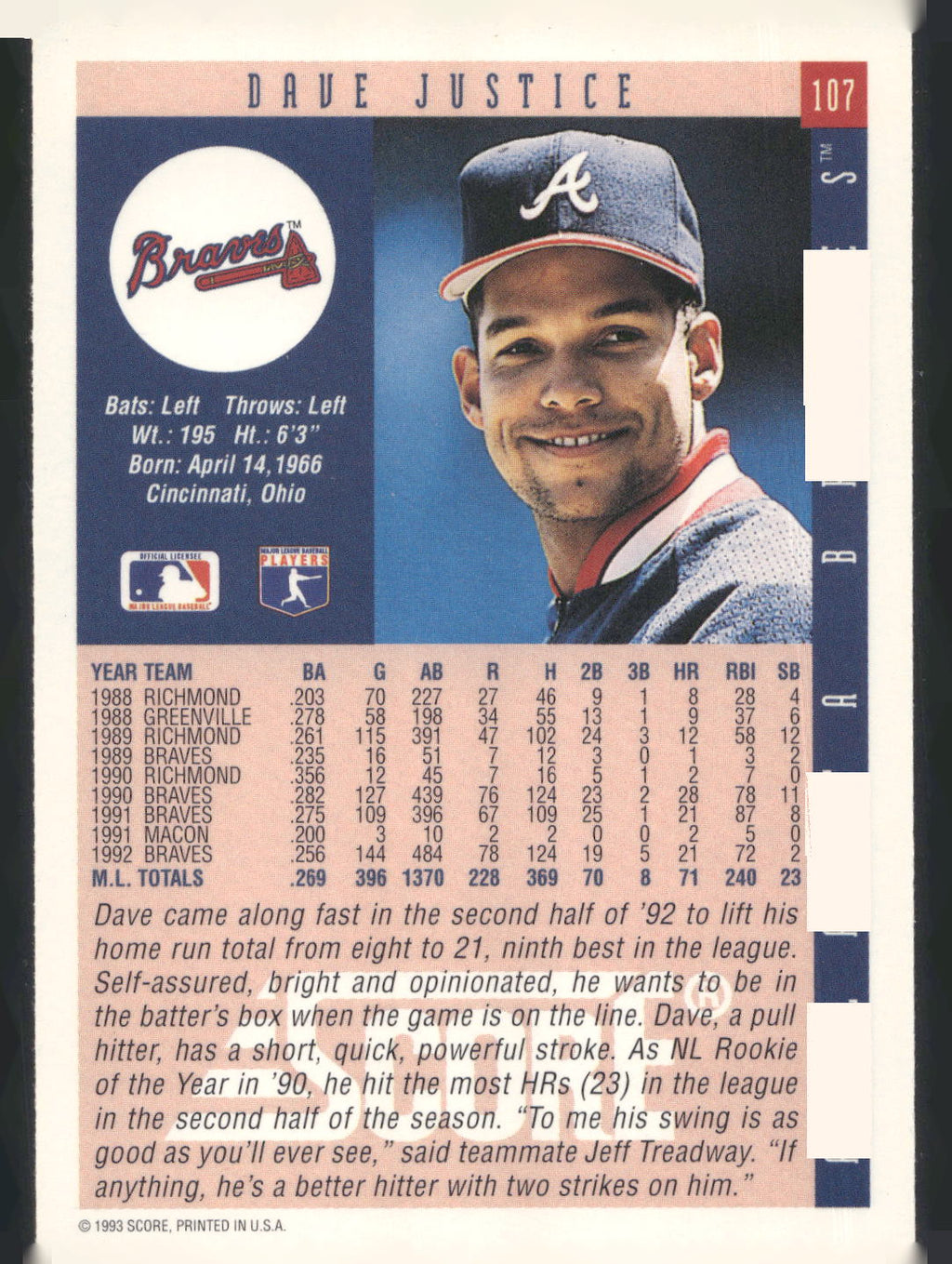 1993 Score #107 Dave Justice