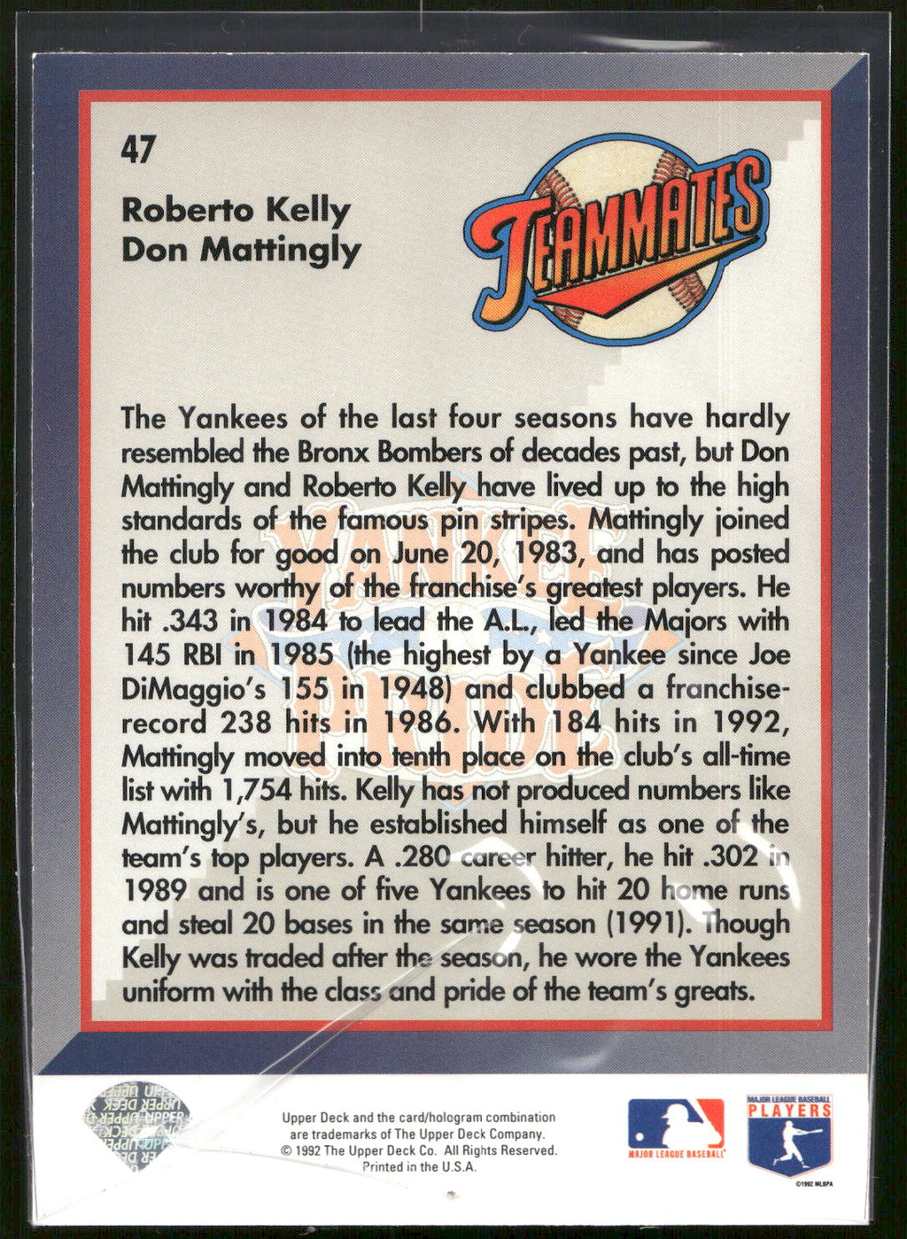 1993 Upper Deck #47 Yankee Pride (Roberto Kelly / Don Mattingly)