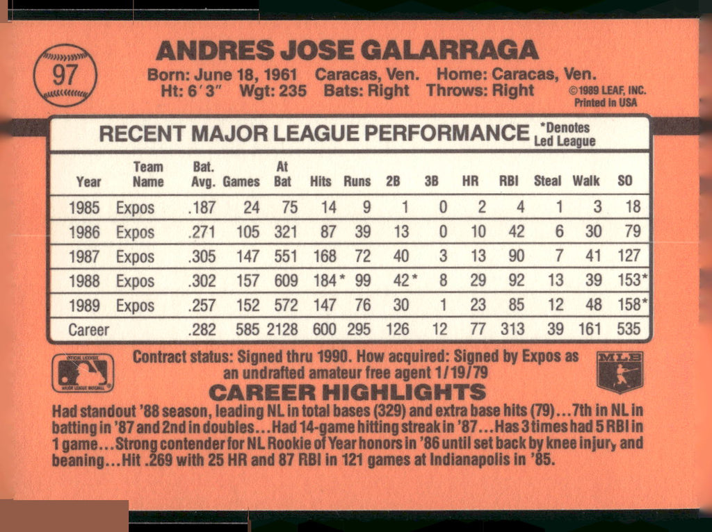 1990 Donruss #97 Andres Galarraga