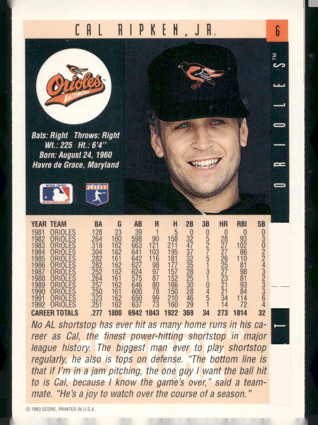 1993 Score #6 Cal Ripken, Jr.