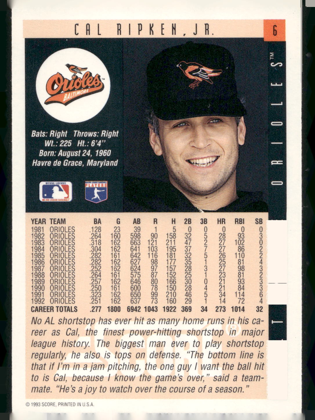 1993 Score #6 Cal Ripken, Jr.