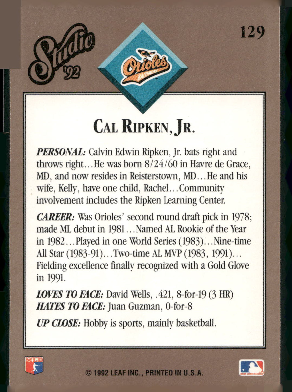 1992 Studio #129 Cal Ripken, Jr.