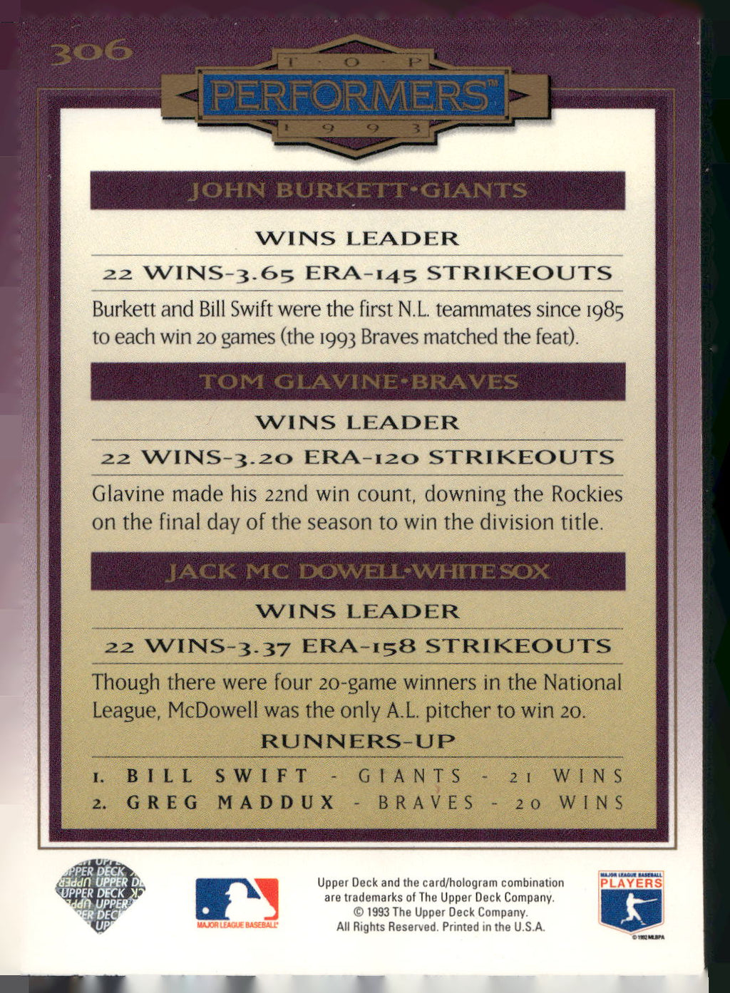1994 Collector's Choice #306 John Burkett / Tom Glavine / Jack McDowell