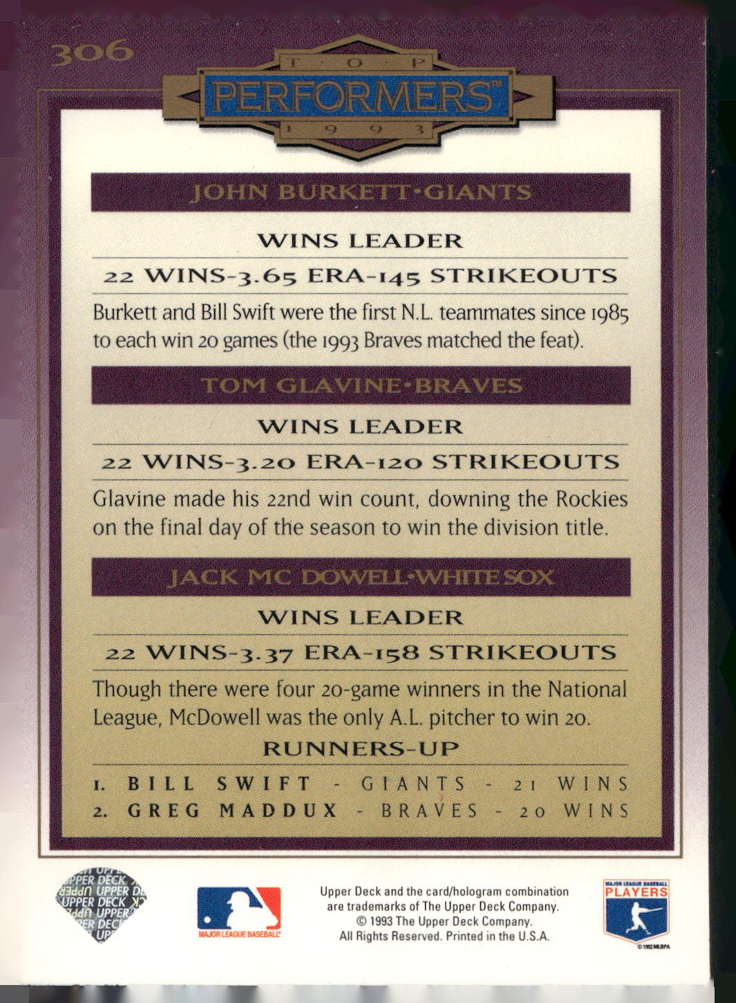 1994 Collector's Choice #306 John Burkett / Tom Glavine / Jack McDowell