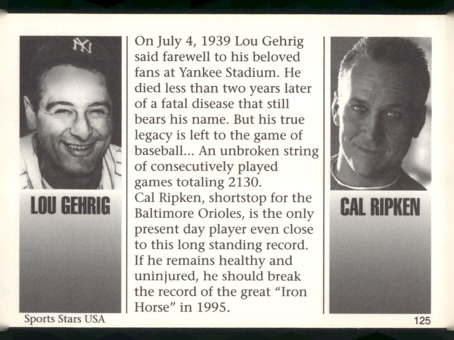 1993-95 Sports Stars USA (unlicensed) #125 Lou Gehrig / Cal Ripken Jr.