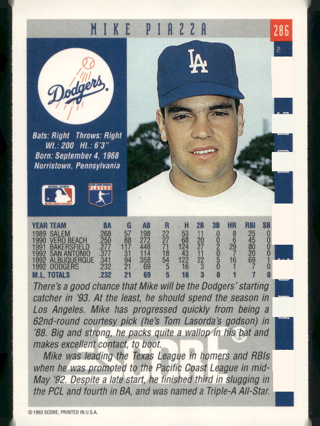 1993 Score #286 Mike Piazza