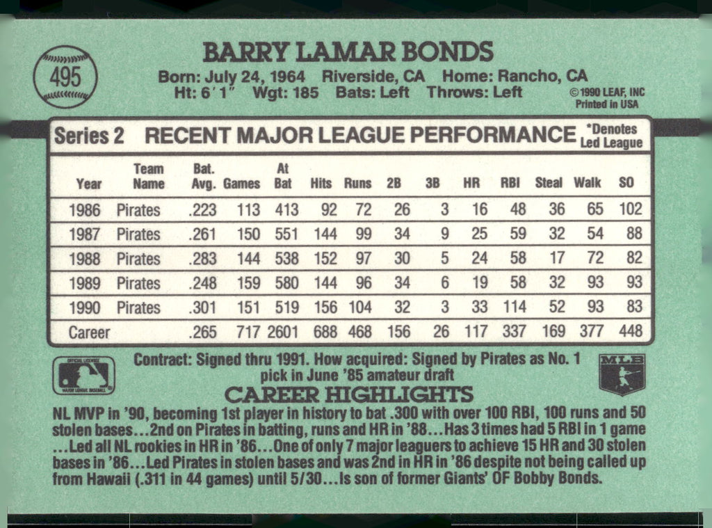1991 Donruss #495 Barry Bonds