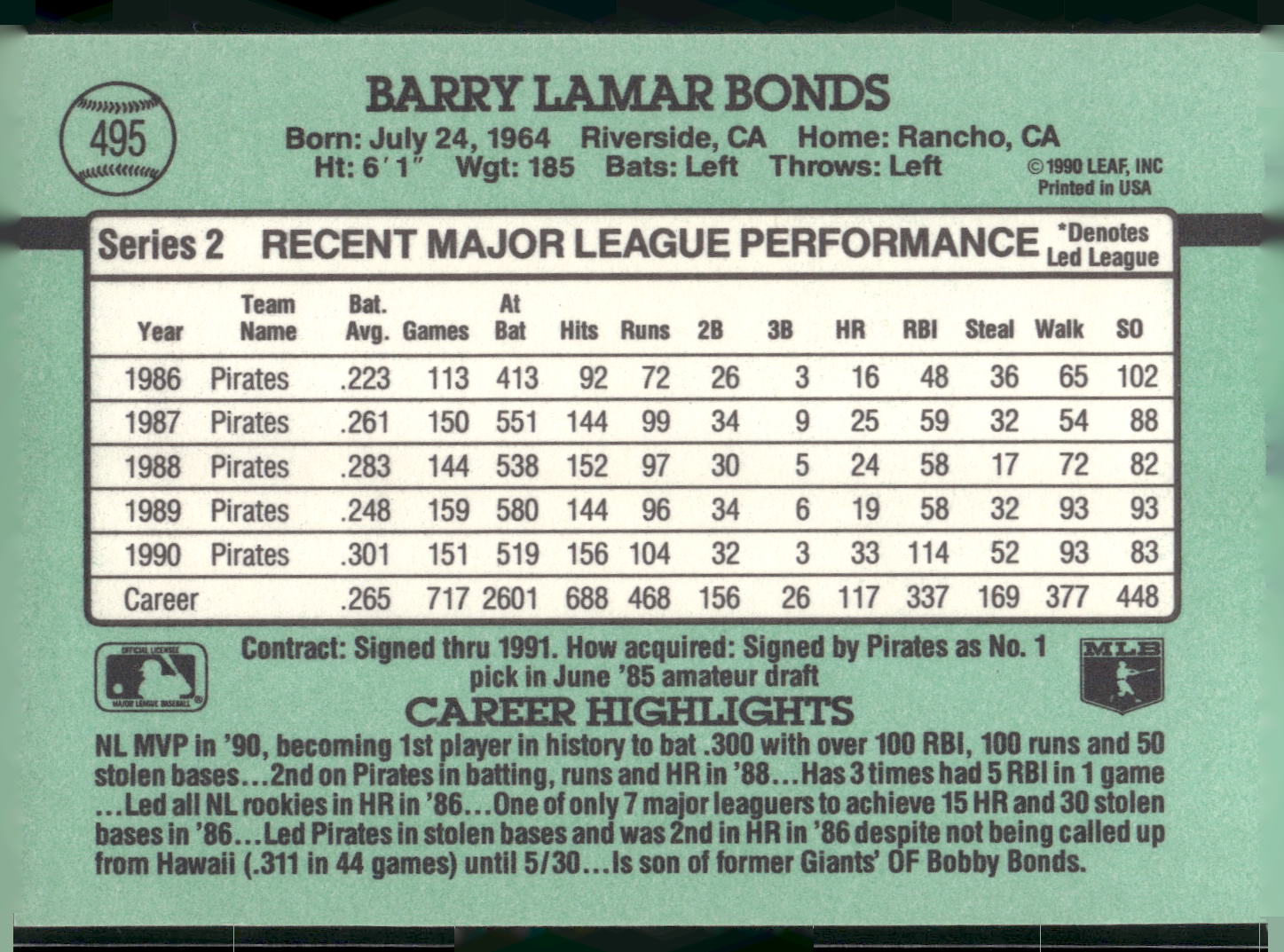 1991 Donruss #495 Barry Bonds