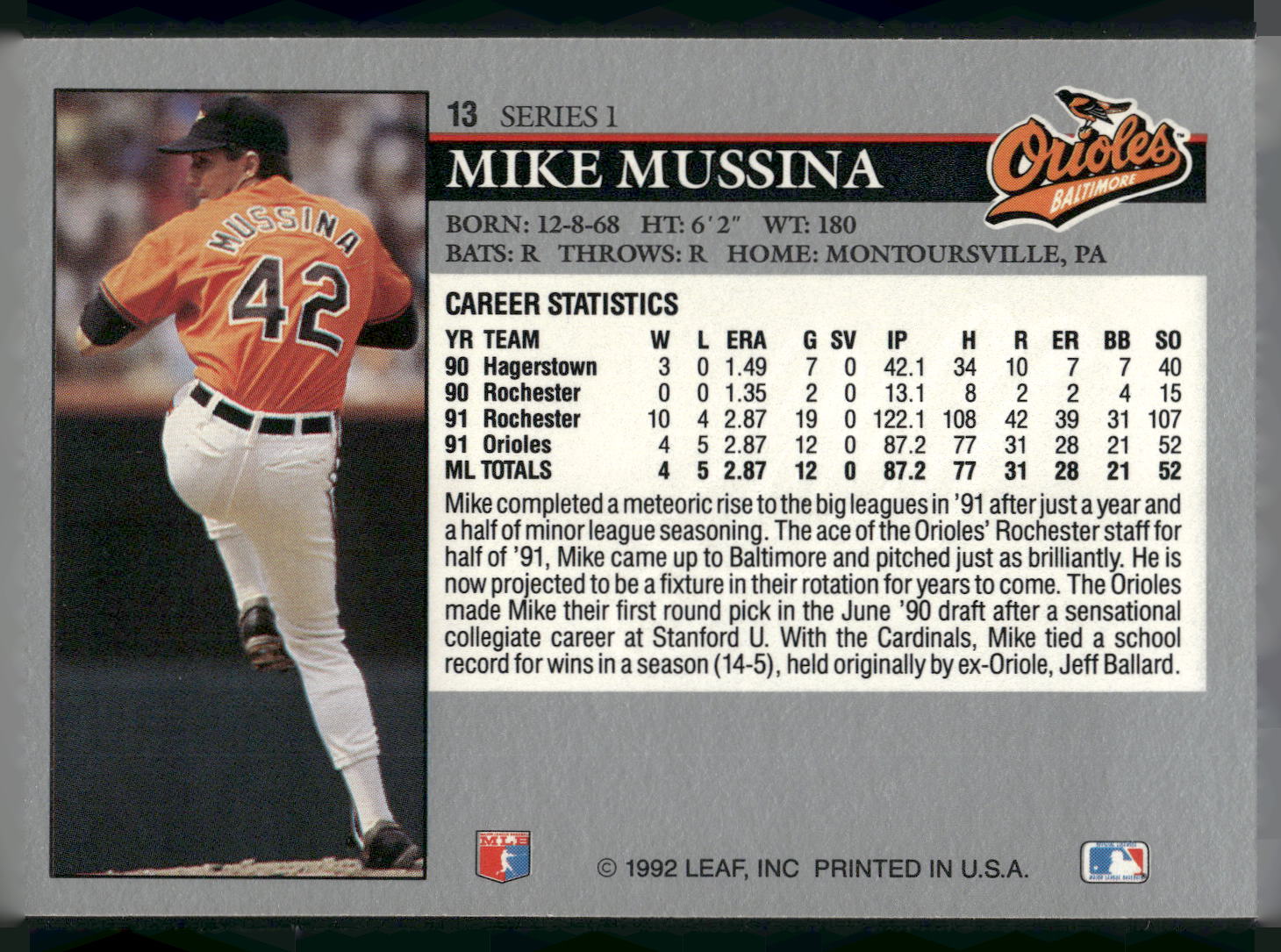 1992 Leaf #13 Mike Mussina