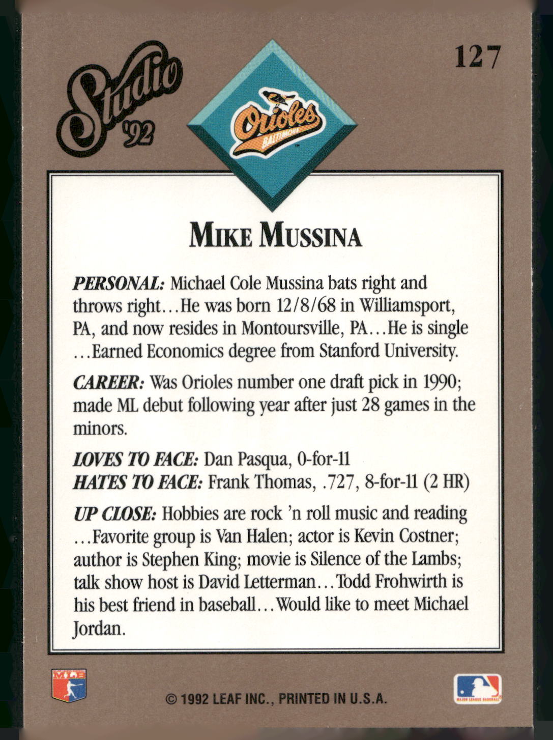 1992 Studio #127 Mike Mussina