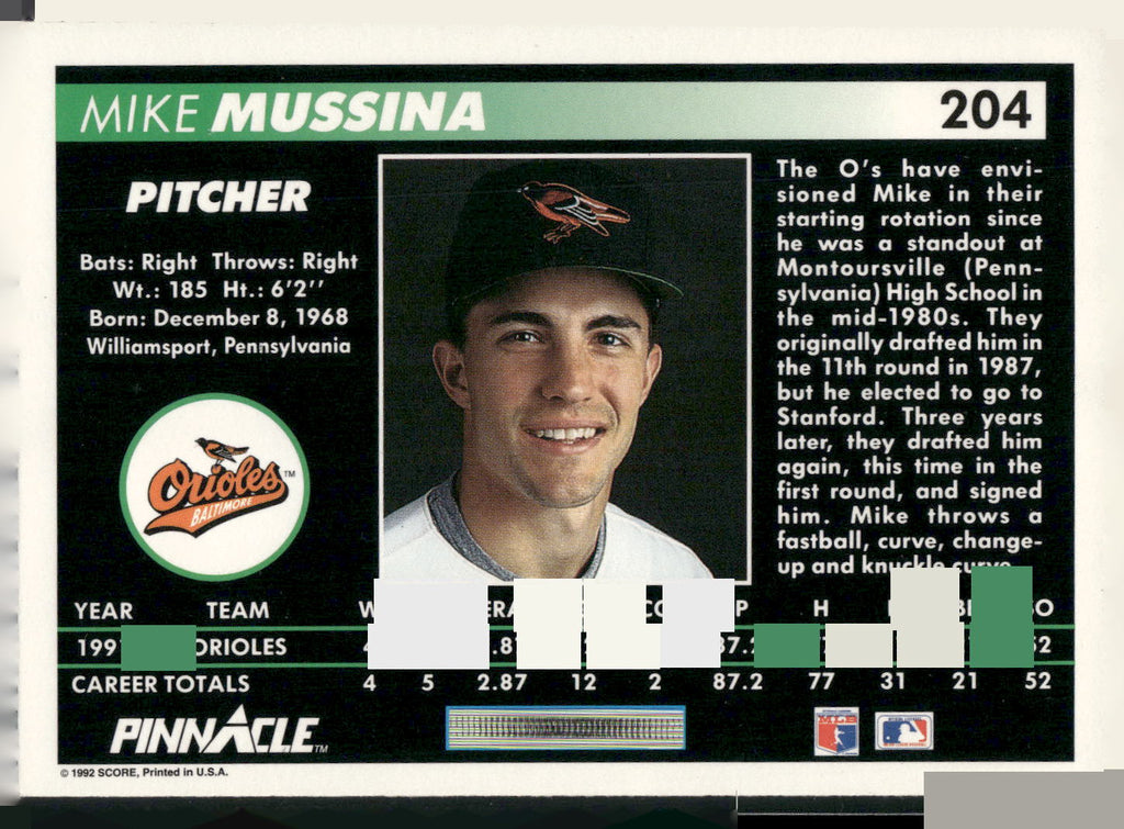 1992 Pinnacle #204 Mike Mussina