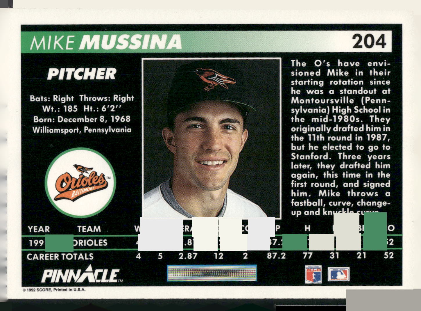 1992 Pinnacle #204 Mike Mussina