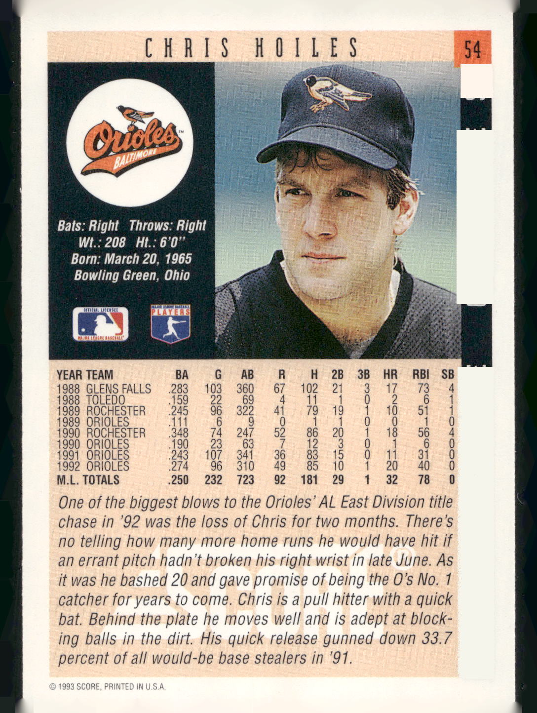 1993 Score #54 Chris Hoiles