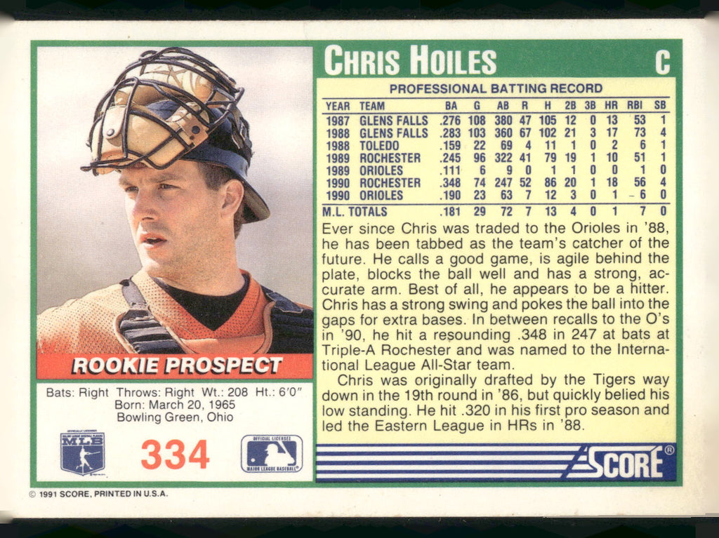 1991 Score #334 Chris Hoiles