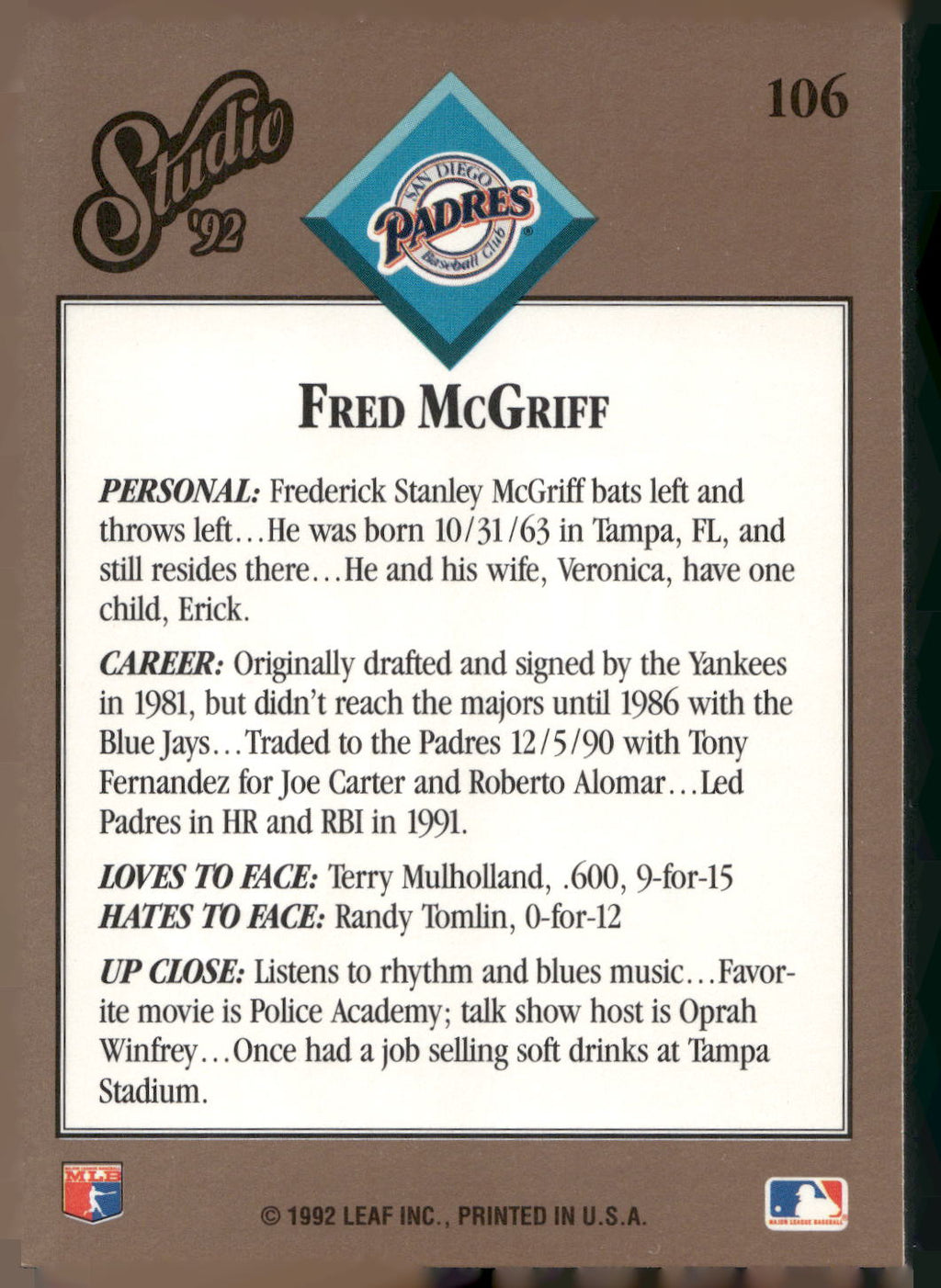 1992 Studio #106 Fred McGriff