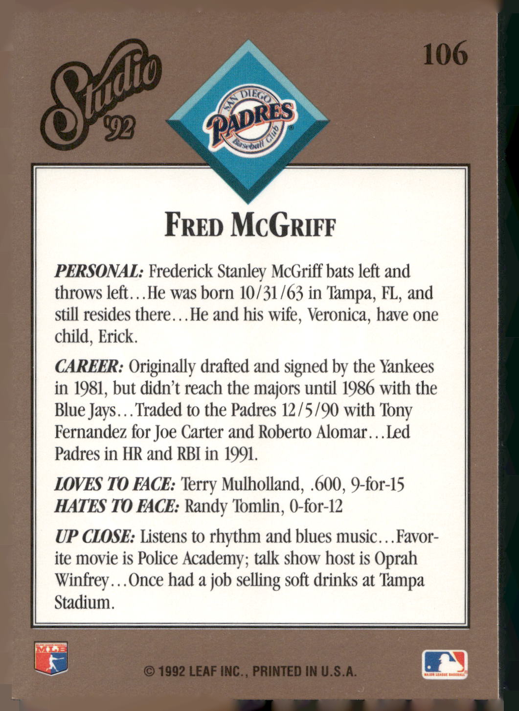 1992 Studio #106 Fred McGriff