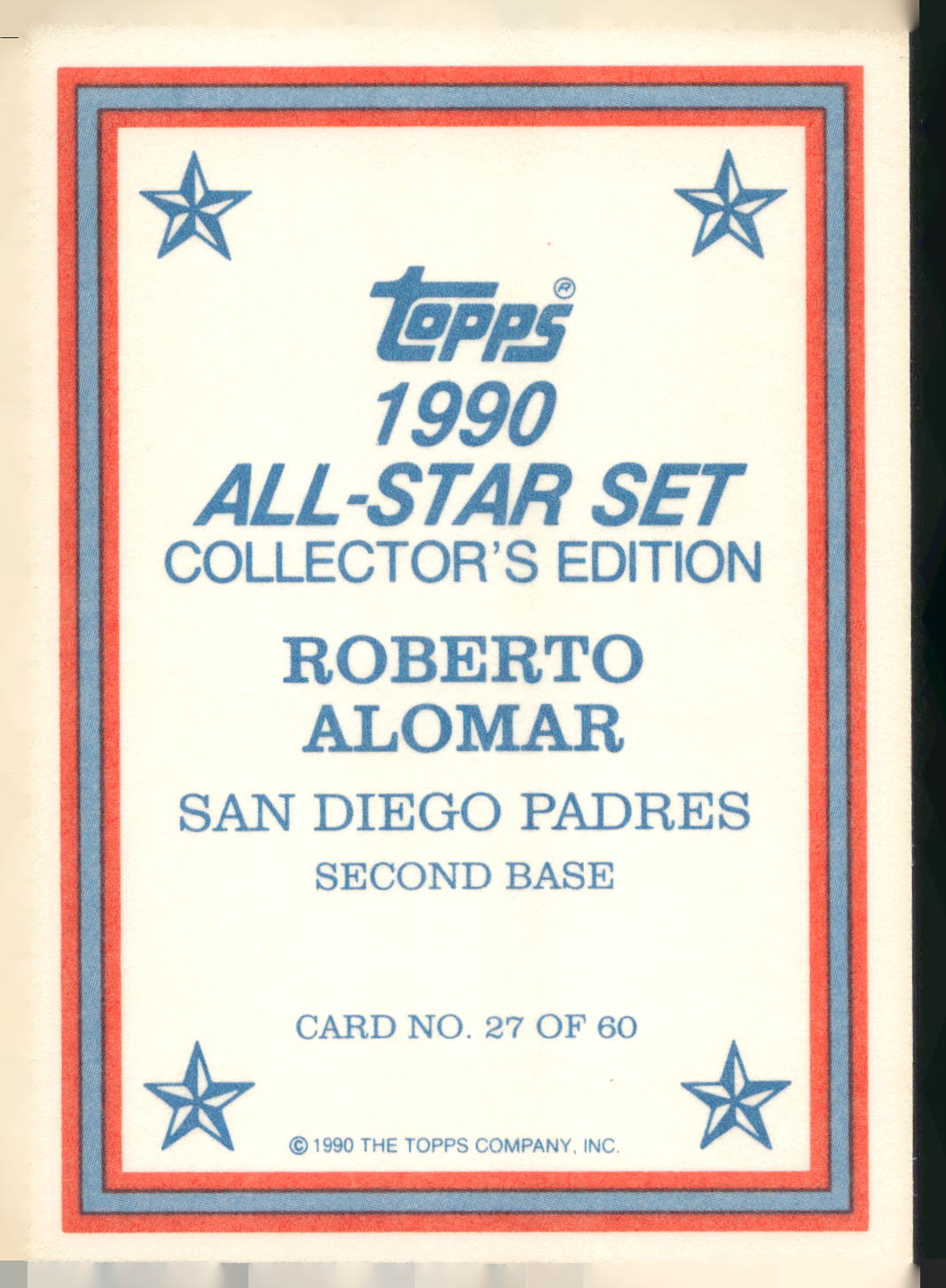 1990 Topps #27 Roberto Alomar 1990 All-Star Set Collector's Edition